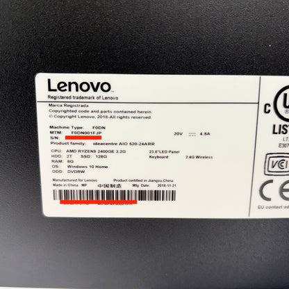 Lenovo ideacentre AIO 520-24ARR F0DN001FJP Ryzen 5 2400GE 8GB SSD 128GB HDD 2TB Windows10Home【C6134-140】
