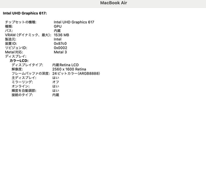 MacBook Air Retina 13インチ 2018 1.6GHz デュアルコア i5 8GB 128GB　【C8224-80】