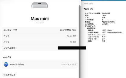 Apple Mac mini M1 8コアCPU 8コアGPU 16GB 512GB【C4801-60】