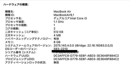 Apple MacBookAir 2020 13インチ Core i3  8GB 256GB 【C4565-80】