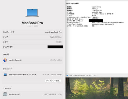 Apple MacBook Pro 2023 14インチ M2 Max (CPU:12C/GPU:38C) メモリ96GB SSD 2TB CTOモデル 【C4154-80】