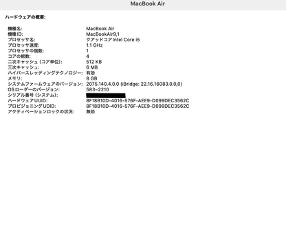 Apple MacBook Air Retina 13インチ 2020 1.1GHZ クアッドコア i5 8GB 256GB 【C4585-80】