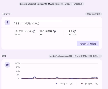 美品 Lenovo Chromebook Duet 11 10.95インチ MediaTek Kompanio 838 8GB eMMC 128GB 重量1.0kg 83HH000TJP パソコン [ルナグレー]【C6937-60】