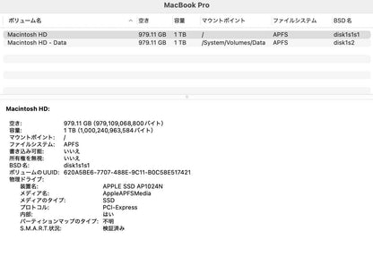 MacBook Pro 16インチ Touch Bar＋Touch ID (Late 2019) Core i9 2.3GHz/16GB/SSD 1TB シルバー MVVM2J/A【C5374-80】