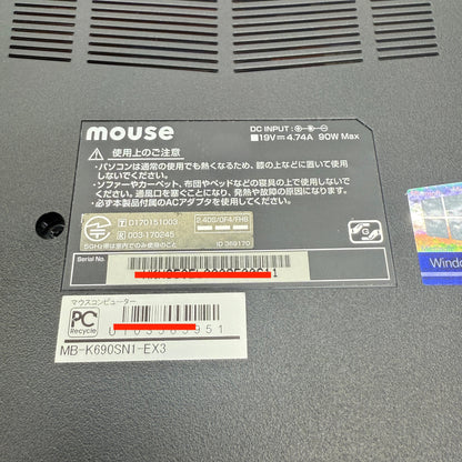 mouse MB-K690SN1-EX3 Core i7-8750H 16GB Geforce MX150 SSD256GB HDD1TB バッテリー最大容量96%【C5163-100】